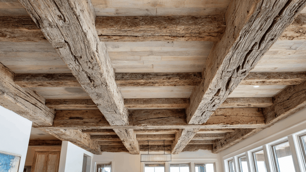 reclaimed wood beams across ceilings