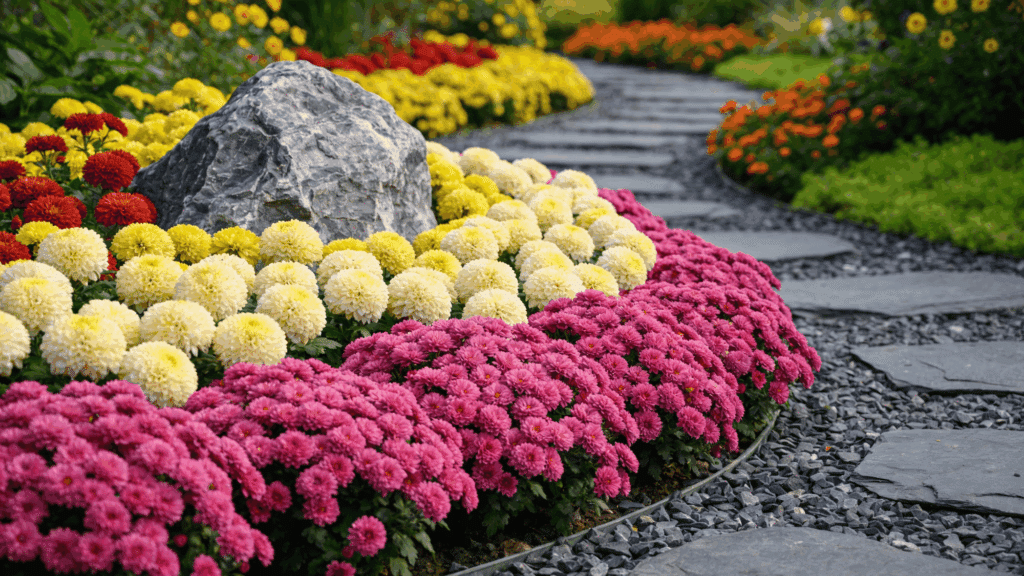 rock garden with flowering plants