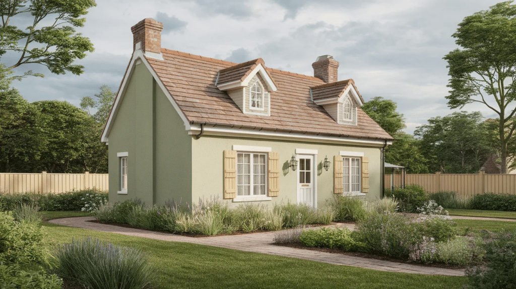 sage green house with brown roof