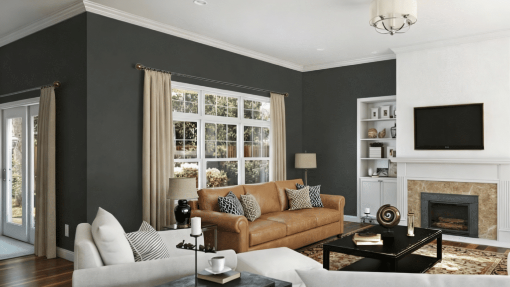 sherwin williams rock bottom living room walls or built ins