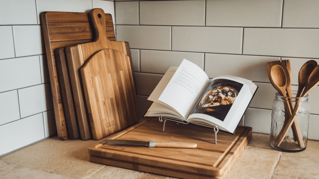 show off cutting boards and cookbooks