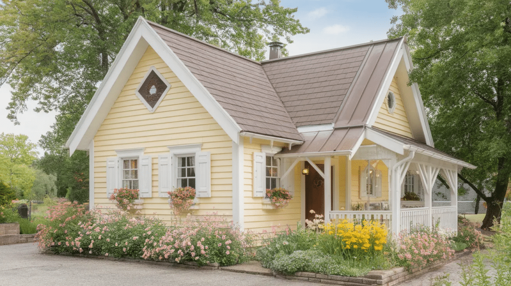 soft yellow house with brown roof
