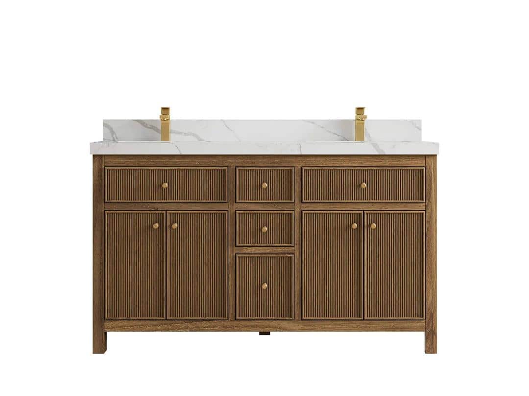 Sonoma 60-Inch Teak Floating Double Vanity in Small Bathroom