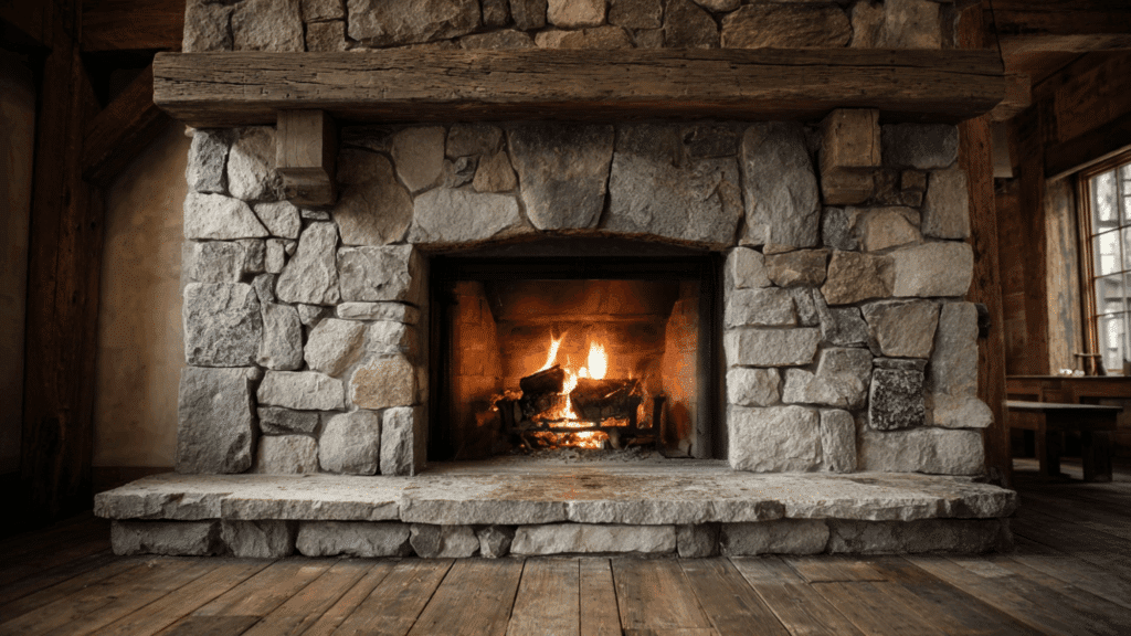 stone fireplace as central focal point