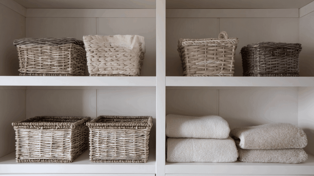 storage baskets placed on open shelves
