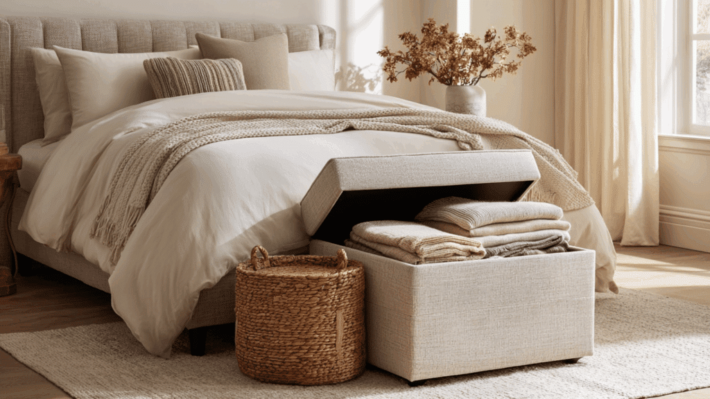 storage ottoman at the foot of the bed