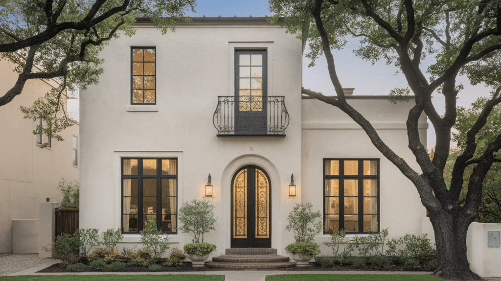 tall stucco house with balcony