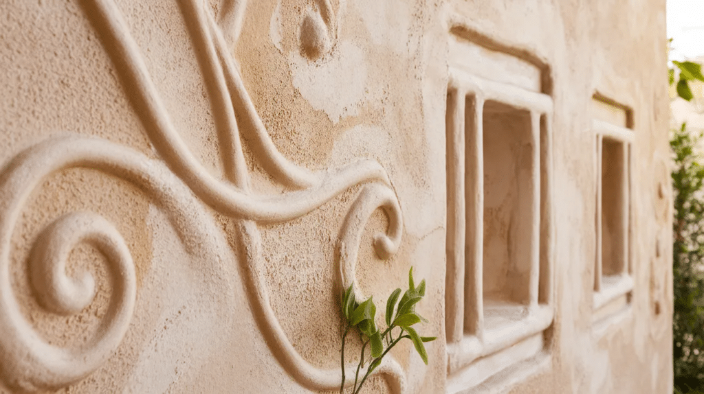 textured stucco with decorative details