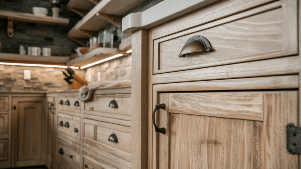 use weathered wood cabinets