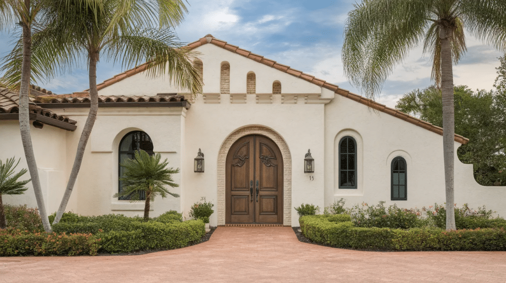 warm beige stucco with arched entry