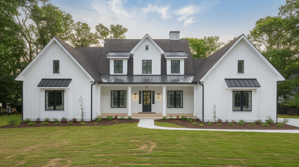 white house with brown roof