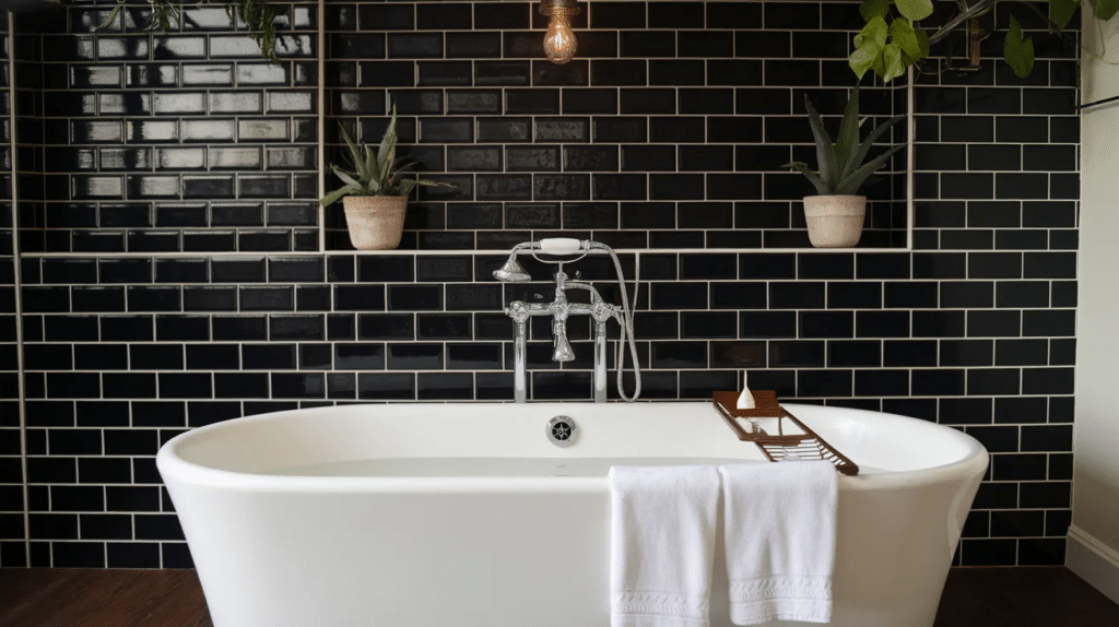 white tub with black tile wall