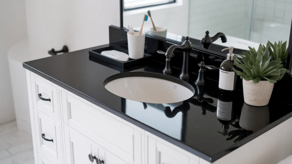 white vanity with black countertop