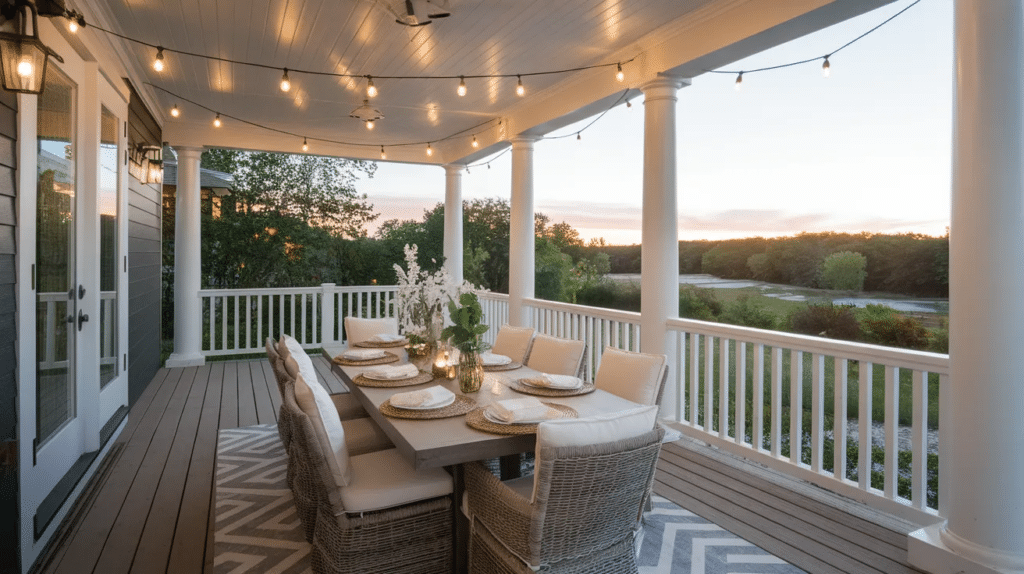 wrap around porch with a dining space