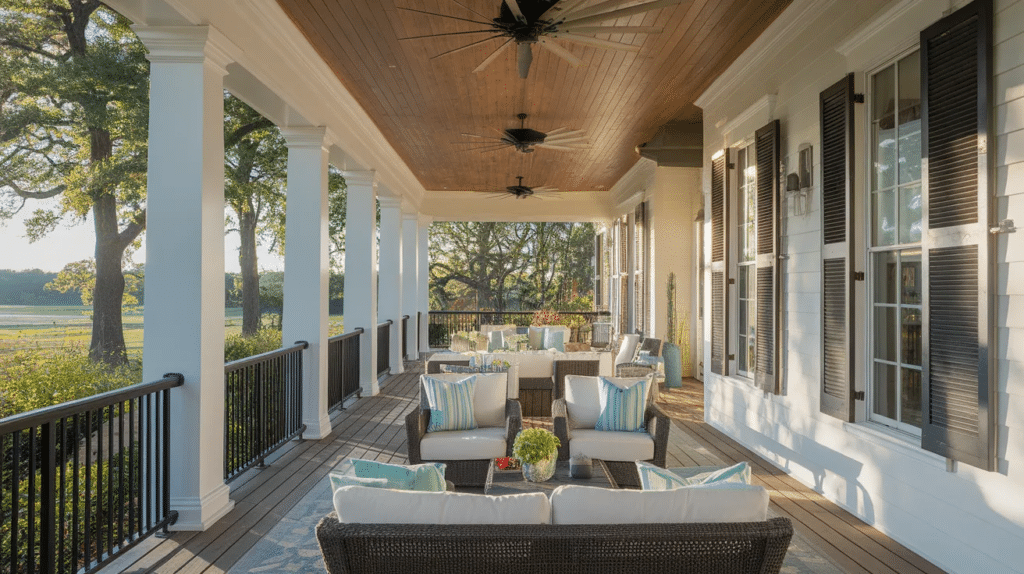 wrap around porch with ceiling fans