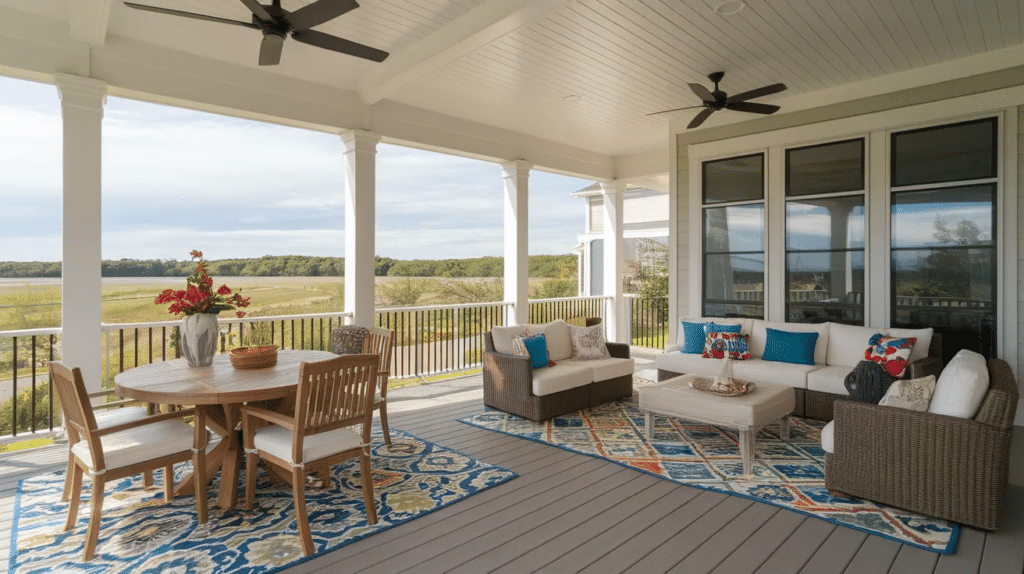 wrap around porch with outdoor rug zones