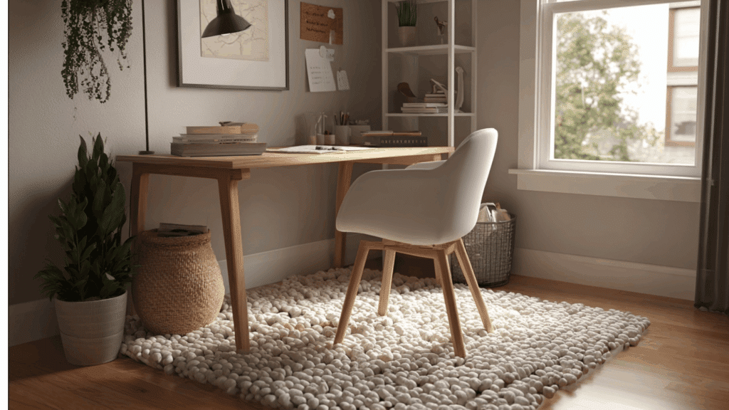4x6 low-pile rug under a desk and chair in a small home office space.