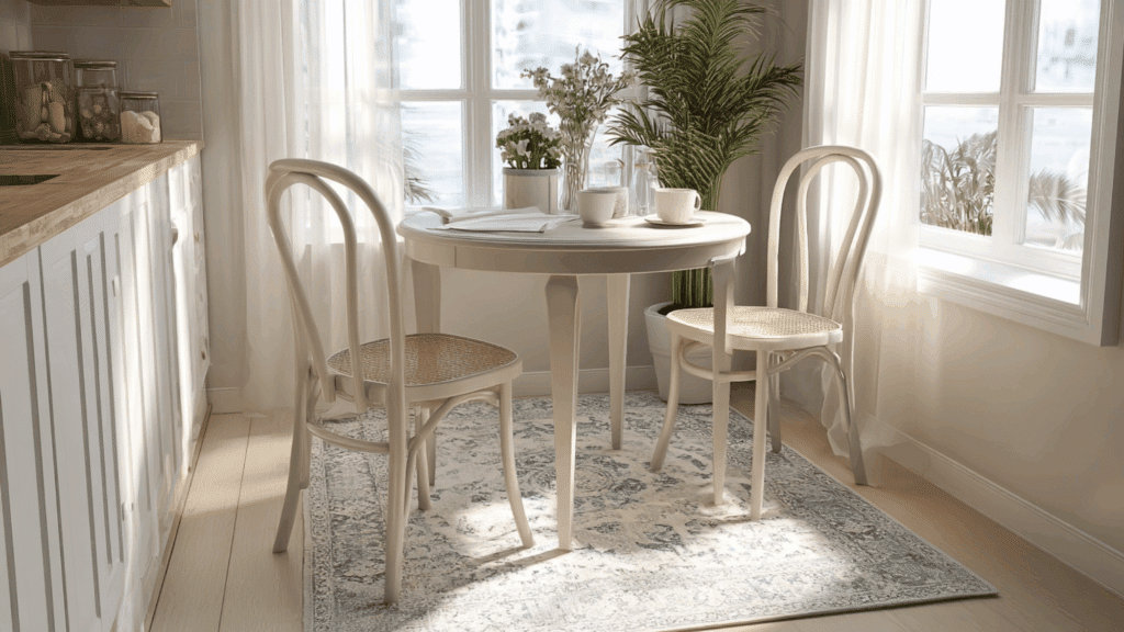 4x6 rug under a small bistro table in a compact breakfast nook.