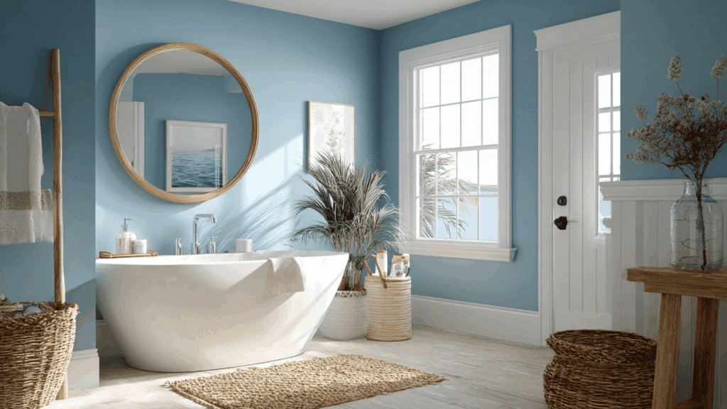 A bright bathroom with blue walls, a freestanding white tub, a round mirror, large windows, woven baskets, and potted plants.
