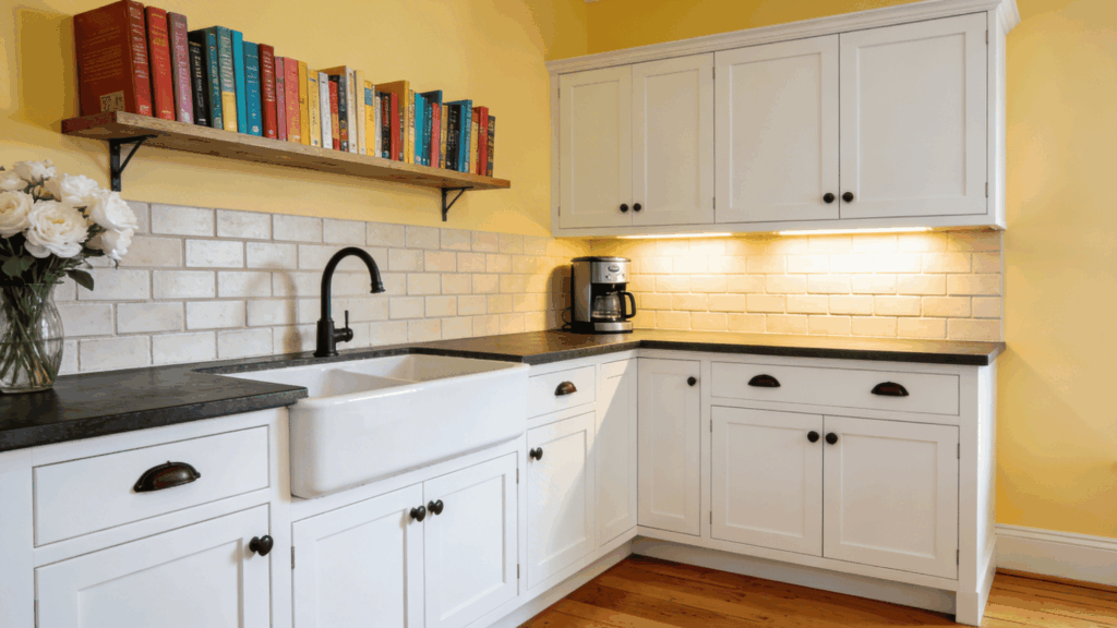 A bright kitchen corner featuring white shaker cabinets, off-white subway tile backsplash, and yellow walls.