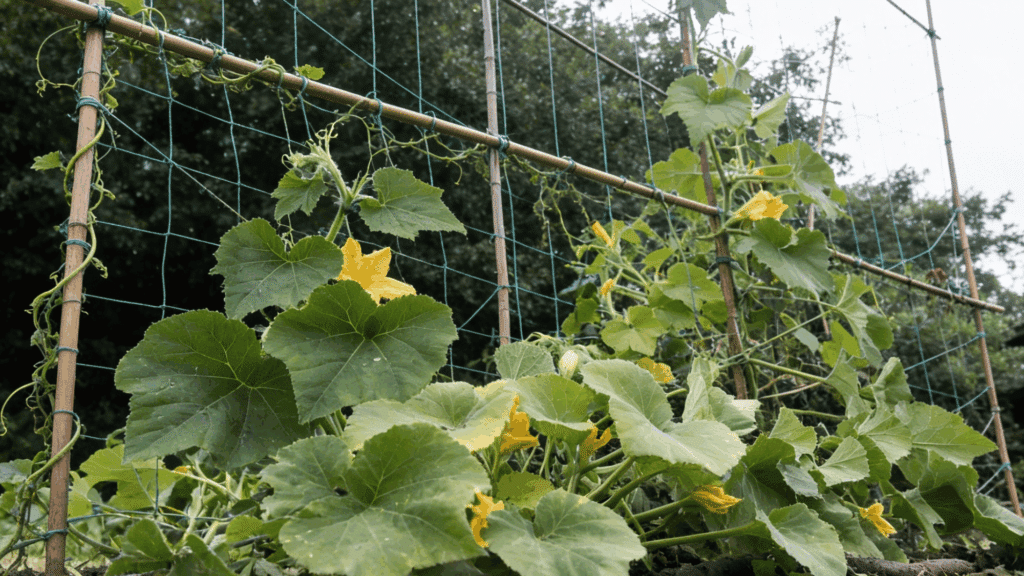 A close-up, low-angle view of a squash or cucumber vine with large green leaves and yellow blossoms climbing a bamboo and green netting trellis in a garden.