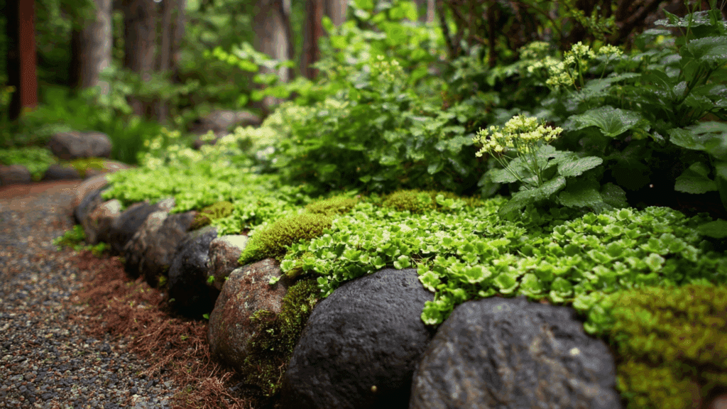 A close-up of moss and bright green groundcover spilling over dark, rounded border rocks alongside a damp, gravel garden path.