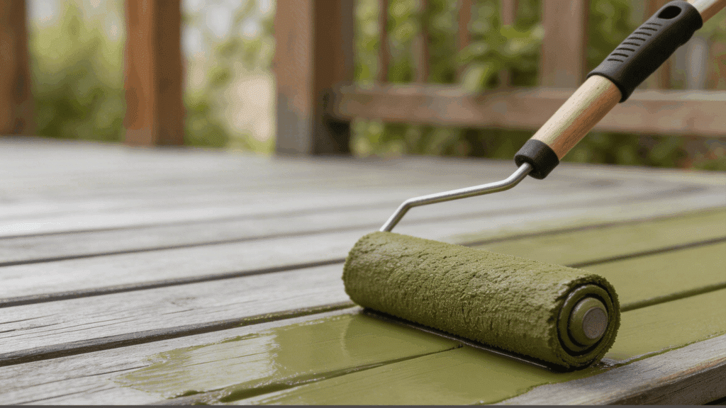 9 Best Paint for Decks for Long-Lasting Results A close-up shows a paint roller applying olive green stain to weathered gray wooden deck boards outdoors.