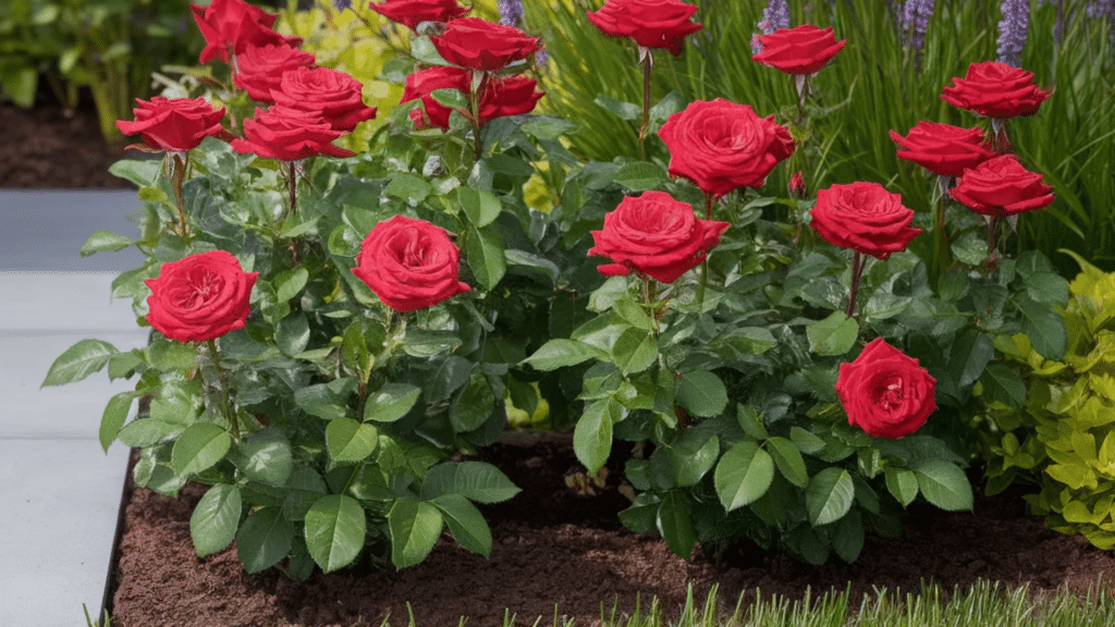 A cluster of vibrant red hybrid tea roses with lush green foliage blooming in dark soil beside a light-colored paved border.