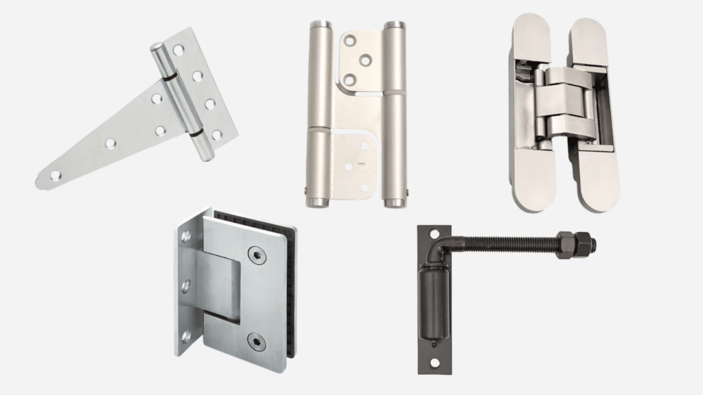 A collection of five different types of metallic door and gate hinges, including a T-hinge, concealed hinge, glass door hinge, and pivot hardware