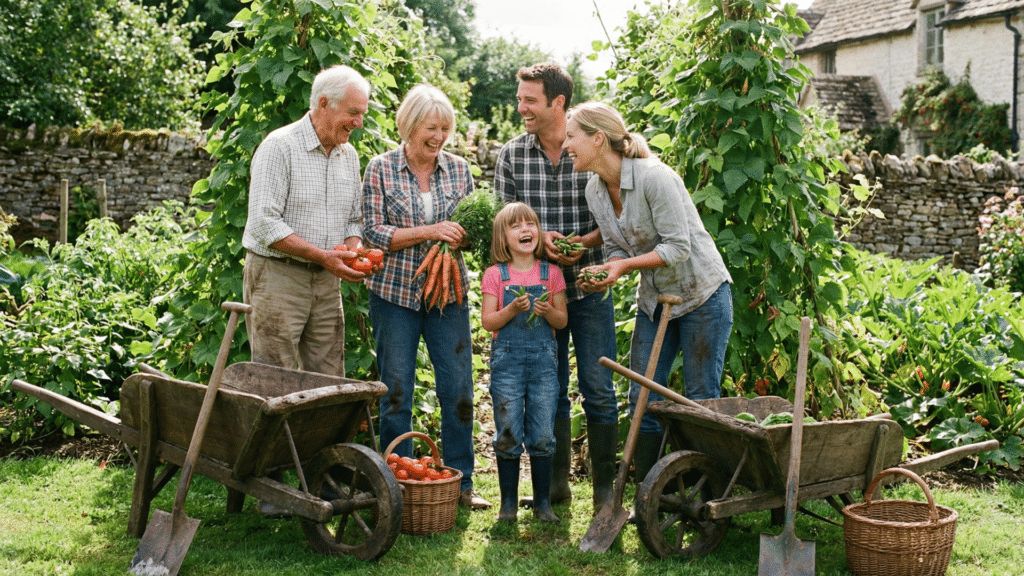 A family picking vegetables in their home garden, working together and enjoying homesteading life.