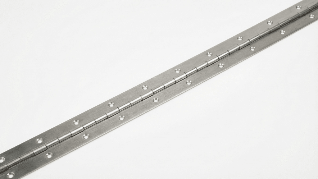 A long, continuous metal hinge is shown diagonally across a white background