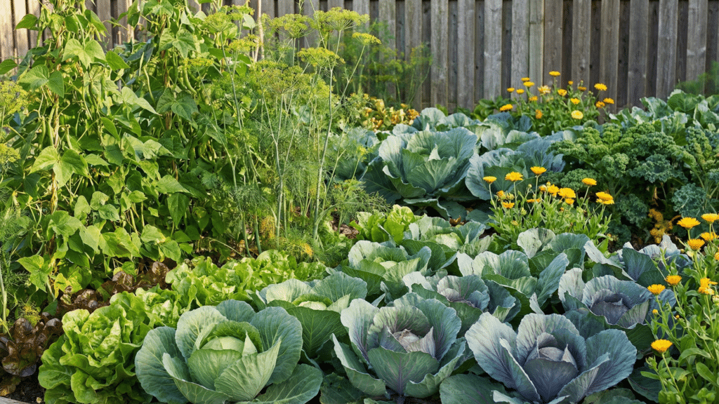 A lush, well-tended vegetable garden featuring large cabbages, kale, lettuce, dill, climbing beans, and bright yellow calendula flowers against a rustic wooden fence background