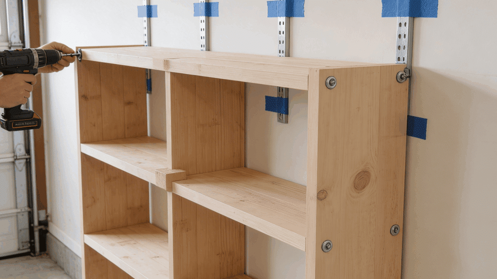 11 Smart DIY Garage Shelves Ideas for Maximum Storage A new wooden shelving unit to metal wall tracks in a garage with a cordless drill.