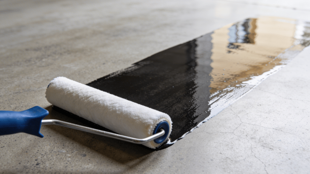 A paint roller applies a glossy sealant or coating to a beige concrete floor, creating a wet, reflective finish