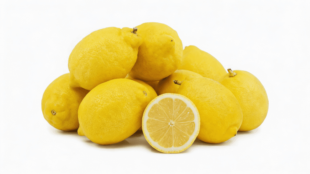 A pile of bright yellow whole eureka lemons with one lemon sliced in half revealing the interior segments.
