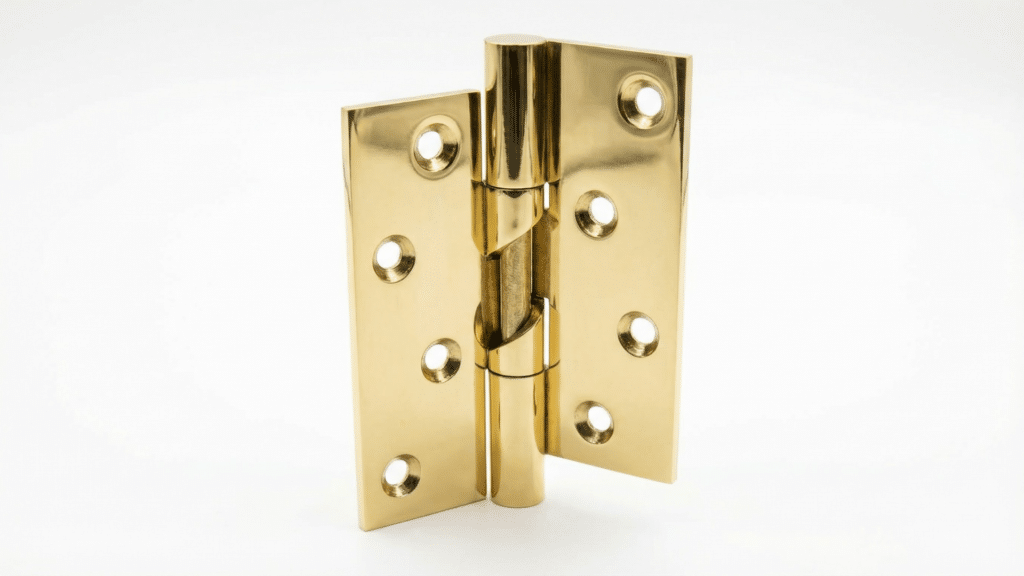 A polished brass rising butt door hinge is shown against a white background