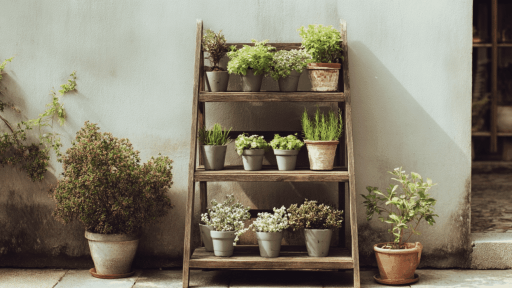 A rustic wooden plant stand displays an assortment of potted herbs and small green plants.