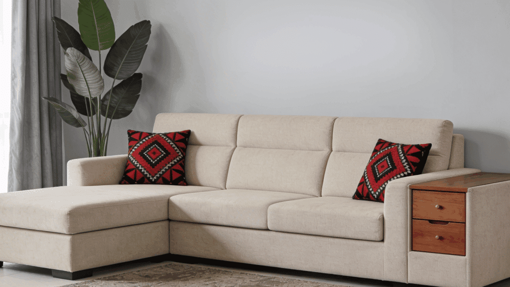 A shot of light beige sectional sofa with red patterned pillows.