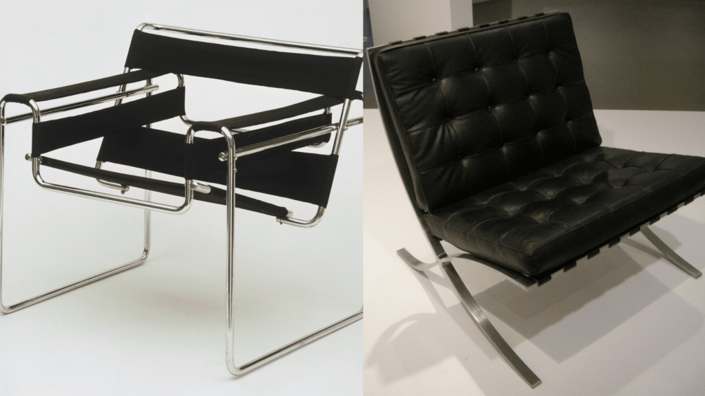 A side-by-side picture of a Wassily Chair with black canvas straps and a black leather Barcelona Chair