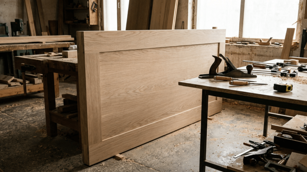 A slab door panel without frame or hardware in a workshop