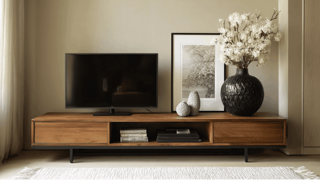 A sleek TV stand styled with black-and-white modern decor accents, such as a monochrome vase kept on a wooden table.