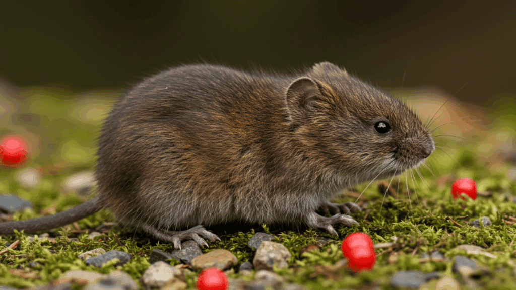 A small brown vole with dark eyes stands on mossy ground littered with small gray stones and bright red berries.