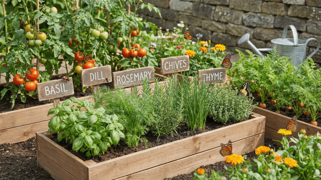 A sunny raised garden featuring wooden beds growing basil, dill, rosemary, chives, thyme, tomatoes, and carrots, with monarch butterflies resting on nearby flowers