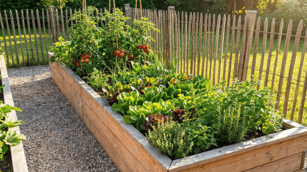A vibrant wooden raised garden bed overflowing with tomatoes, lettuce, and herbs sits next to a gravel path with a wooden picket fence in the background