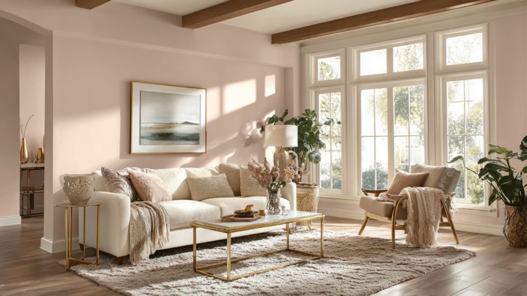 A warmly lit living room painted in Sherwin-Williams Sashay Sand SW 6051