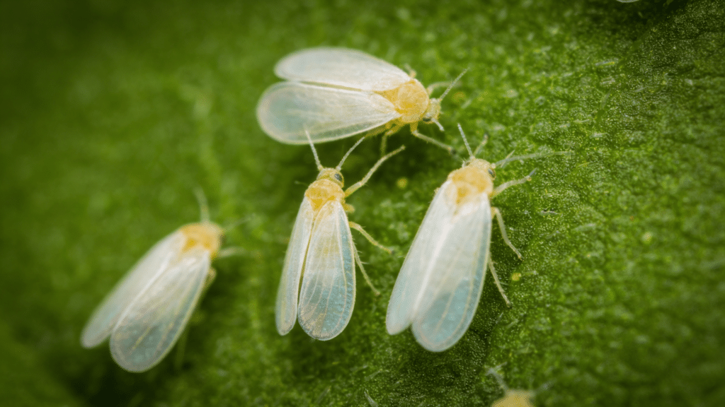 A zoomed-in image showing whiteflies flying from a plant.