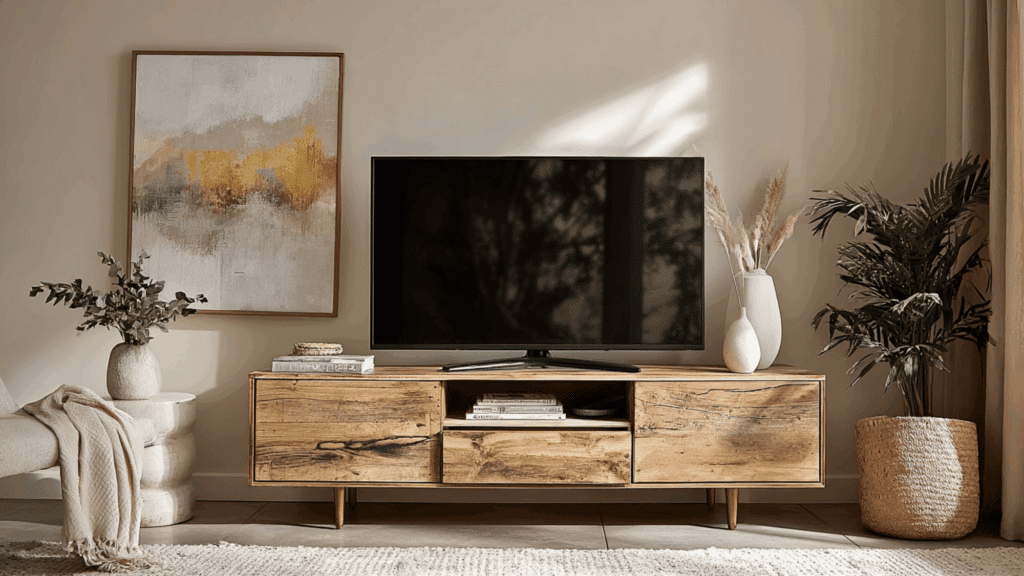 Abstract art print displayed beside a TV on a modern stand.