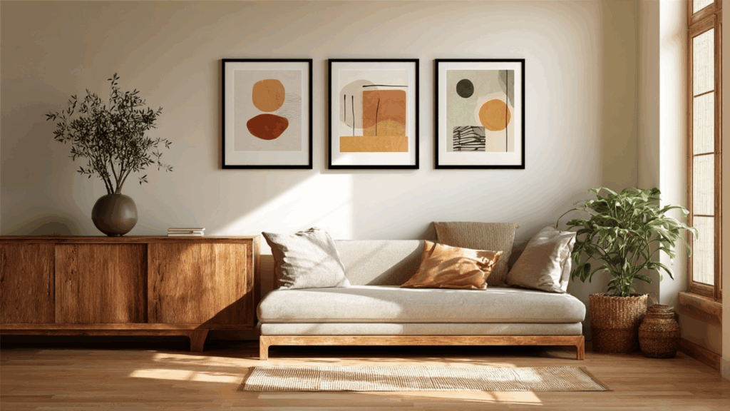 Abstract mid century wall art gallery above neutral sofa
