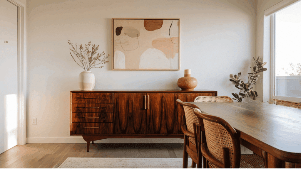 Abstract mid century wall art gallery above neutral sofa