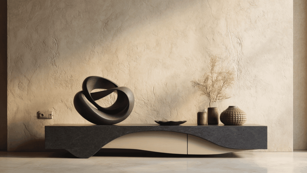 Abstract sculptural decor object styled on a minimalist TV stand.